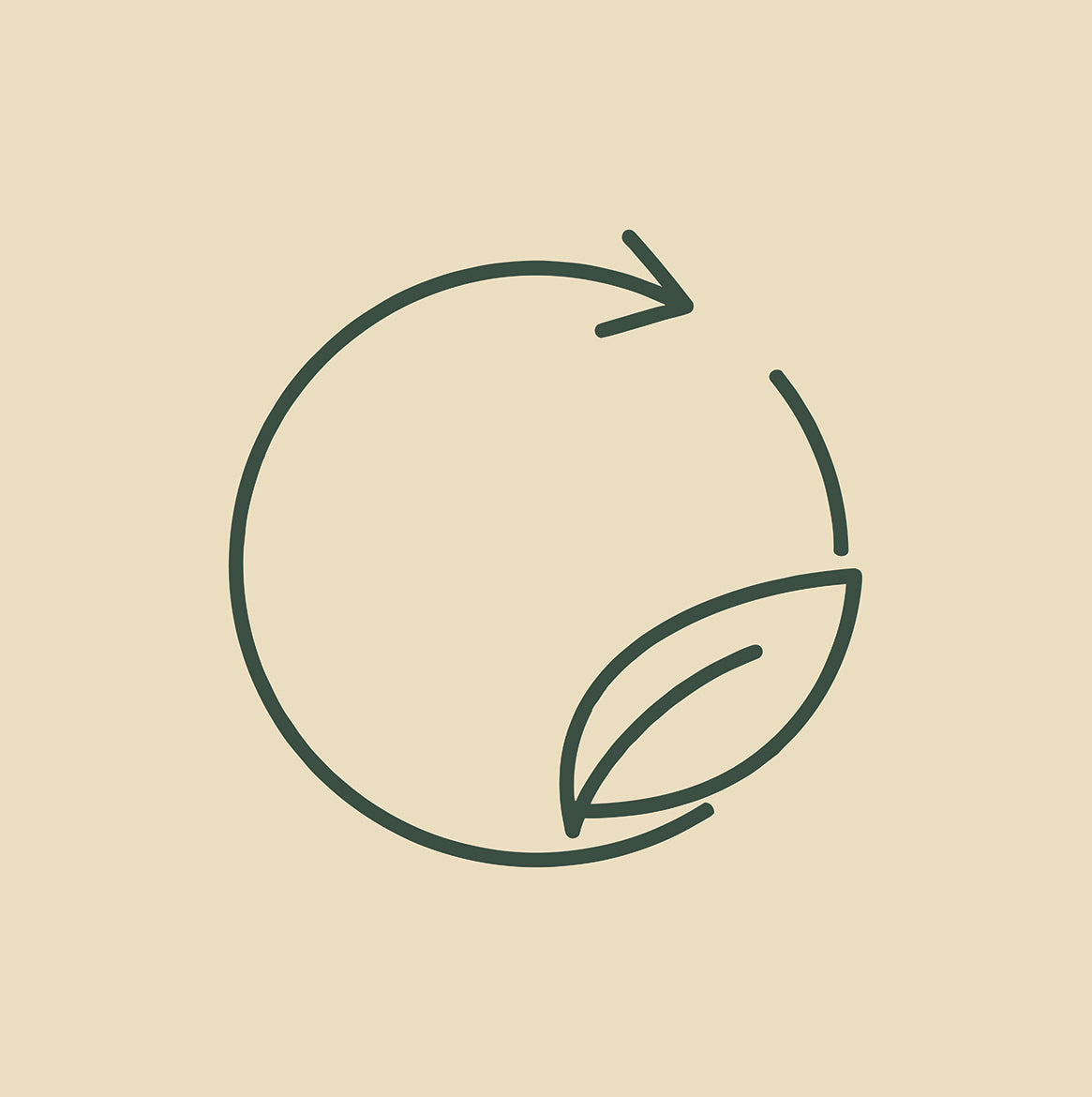 Icône circulaire avec flèche et feuille représentant la récupération physique et la mobilité articulaire